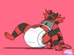  2018 ambiguous_gender black_fur blush cel_shading clothed clothing diaper digital_media_(artwork) feline feral fur hi_res incineroar male mammal nintendo pampbird_(artist) pok&eacute;mon pok&eacute;mon_(species) red_fur signature simple_background solo teeth tiger video_games 