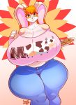  2018 absurd_res anthro bangs big_breasts breasts cleavage clothed clothing cookie dipstick_ears female food hair hi_res holding_food holding_object huge_breasts jaeh jeans lagomorph looking_at_viewer mammal mature_female orange_hair pants rabbit shirt signature smile solo sonic_(series) thick_thighs vanilla_the_rabbit wide_hips 