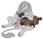  &lt;3 ambiguous_gender anthro balls bear big_balls big_sheath cat duo explicital feline hybrid hyena lion male male/ambiguous mammal muscular muscular_male reading simple_background white_background white_lion 