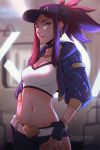  akali artist_name asymmetrical_clothes asymmetrical_legwear bangle belt blurry blurry_background bracelet breasts choker cleavage closed_mouth cowboy_shot cropped_jacket earrings fingerless_gloves gloves hat highres idol jacket jewelry k/da_(league_of_legends) k/da_akali koyorin league_of_legends looking_at_viewer medium_breasts midriff nail_polish navel necklace open_clothes open_jacket ponytail purple_eyes purple_hair single_pantsleg solo train_interior 