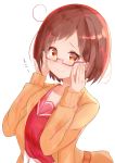  adjusting_eyewear bang_dream! bangs bespectacled blush brown_eyes brown_hair commentary_request glasses hazawa_tsugumi highres long_sleeves looking_at_viewer orange_cardigan red-framed_eyewear red_shirt school_uniform semi-rimless_eyewear serafuku shirt short_hair simple_background smile solo tsugumochi under-rim_eyewear white_background 