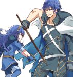  1girl asymmetrical_sleeves blue_eyes blue_footwear blue_gloves blue_hair boots brown_hairband cape child collarbone father_and_daughter fire_emblem fire_emblem:_kakusei floating_hair gloves grey_gloves hairband holding holding_sword holding_weapon krom long_hair lucina mejiro pants simple_background sweatdrop sword thigh_boots thighhighs torn_cape weapon white_background white_cape 