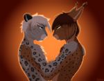  2018 anthro blue_eyes breasts brown_fur brown_hair cheek_tuft chest_tuft duo embrace eye_contact feline female female/female fur green_eyes hair hi_res inner_ear_fluff leopard lynx mammal nipples nude ruth66 short_hair side_boob side_view snow_leopard spots spotted_fur tuft white_fur white_hair 