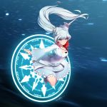  absurdres blue_eyes breasts cleavage dress floating_hair full_body hair_between_eyes hair_ornament highres long_hair long_sleeves magic_circle ponytail rwby short_dress silver_hair small_breasts solo uyalago very_long_hair weiss_schnee white_dress 