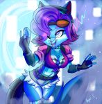  2018 abstract_background anthro blue_eyes blue_fur bra breasts canine cleavage clothed clothing digital_media_(artwork) eyewear female fennec fox front_view fur goggles hair happy hi_res humanoid_hands kc0331 mammal multicolored_fur one_eye_closed open_mouth open_smile paladins pepper_(paladins) purple_hair red_nose shorts signature smile solo standing tuft two_tone_fur underwear video_games 