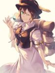  brown_hair dress gloves green_eyes hat highres jewelry looking_at_viewer necklace octopath_traveler one_eye_closed short_hair simple_background smile solo st_beans_lal tressa_(octopath_traveler) 