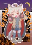  animal_ears bandaged_leg bandages boots brown_eyes cape cardigan claw_pose claws commentary_request crescent_moon dog_ears dog_tail fangs full_body gao gloves halloween halloween_costume highres light_brown_hair long_sleeves mikeya_hiyori miniskirt moon night open_cardigan open_clothes original paw_gloves paws shirt short_hair silver_hair skirt solo tail torn_clothes torn_shirt torn_sweater 