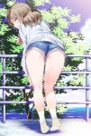 ass bangs blue_eyes blue_shorts blue_sky brown_hair cloud cloudy_sky commentary eyebrows_visible_through_hair from_behind full_body grin half-closed_eyes hand_on_own_leg heel_up inu_(aerodog) kneepits leaning_forward legs long_sleeves looking_at_viewer looking_back love_live! love_live!_sunshine!! medium_hair ocean outdoors panties panty_peek railing shoes short_shorts shorts sky smile socks solo standing sweater thighs tree twitter_username underwear upshorts w watanabe_you white_footwear white_legwear white_sweater yellow_panties 
