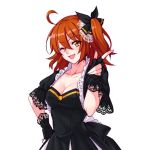 ;d ahoge black_bow black_capelet black_gloves bow breasts brown_eyes brown_hair capelet cleavage collarbone eyebrows_visible_through_hair fate/grand_order fate_(series) fingerless_gloves fujimaru_ritsuka_(female) gloves hair_between_eyes hair_bow hand_on_hip long_hair looking_at_viewer medium_breasts one_eye_closed open_mouth shiny shiny_hair side_ponytail simple_background smile solo standing upper_body white_background yaoshi_jun 