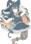  adapted_turret animal_ears asashio_(kantai_collection) black_cape black_hair black_hat blue_eyes bow bowtie cape cat_ears cat_tail dress eyebrows_visible_through_hair frilled_dress frills full_body gloves halloween_costume hat kantai_collection long_hair long_sleeves ninimo_nimo orange_neckwear pinafore_dress remodel_(kantai_collection) rigging school_uniform searchlight simple_background solo striped striped_legwear tail thighhighs torpedo torpedo_tubes wand white_background white_gloves witch_hat 