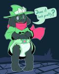  anthro blush caprine cuddlehooves deltarune dialogue diaper goat hat looking_at_viewer male mammal navel open_mouth ralsei ribbons scarf solo 