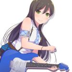  armband ayasaka bang_dream! bangs black_hair blue_neckwear bracelet collared_shirt commentary_request drop_shadow electric_guitar esp_guitars green_eyes guitar hanazono_tae instrument jewelry long_hair looking_at_viewer necktie outline plectrum shirt smile solo star suspenders white_background white_outline white_shirt 