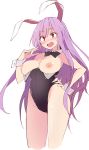  animal_ears bangs black_leotard black_neckwear bow bowtie breasts breasts_outside bunny_ears bunnysuit cropped_legs detached_collar eyebrows_visible_through_hair hand_on_hip kamukamu_(ars) large_breasts leotard long_hair looking_at_viewer nipples open_mouth purple_hair red_eyes reisen_udongein_inaba simple_background solo strapless strapless_leotard surprised touhou very_long_hair white_background wrist_cuffs 