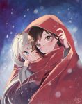 blue_eyes blush brown_eyes brown_hair cape ecru long_hair long_sleeves looking_at_viewer multiple_girls one_eye_closed parted_lips red_cape ruby_rose rwby shared_cape short_hair side_ponytail signature silver_hair snowing upper_body very_long_hair weiss_schnee 