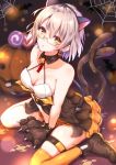  alternate_costume animal_ears bangs bare_shoulders bat between_legs blurry blurry_background blush boots breasts brown_eyes cat_ears cleavage collarbone commentary_request earrings eyebrows_visible_through_hair eyes_visible_through_hair fake_animal_ears food_themed_earrings girls_frontline gloves hairband halloween hand_between_legs highres jack-o'-lantern jack-o'-lantern_earrings jewelry looking_at_viewer medium_breasts multiple_tails open_mouth orange_legwear paw_gloves paws pumpkin_earrings short_hair silk silver_hair simple_background single_thighhigh sitting skindentation solo spider_web tail thigh_strap thighhighs thighs toki_(toki_ship8) two_tails vector_(girls_frontline) wariza yellow_eyes 