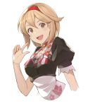  :d bangs blonde_hair breasts brown_eyes choker commentary_request cropped_torso djeeta_(granblue_fantasy) eyebrows_visible_through_hair granblue_fantasy hairband hand_up hinami_(hinatamizu) index_finger_raised looking_at_viewer medium_breasts open_mouth puffy_short_sleeves puffy_sleeves red_choker red_hairband short_hair short_sleeves simple_background smile solo upper_body white_background 