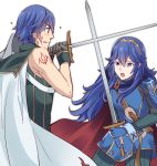  1girl blue_eyes blue_gloves blue_hair brown_hairband cape eyebrows_visible_through_hair father_and_daughter fingerless_gloves fire_emblem fire_emblem:_kakusei floating_hair gloves grey_gloves hair_between_eyes hairband holding holding_sword holding_weapon krom long_hair lucina mejiro open_mouth pants simple_background sleeveless sweatdrop sword weapon white_background white_cape 