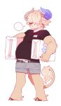  ... anthro blonde_hair bovine carrying cattle chibi clothed clothing denim_shorts facial_piercing frenky_hw fur hair hair_over_eyes hernan highland_cattle hooves horn male mammal musclegut muscular muscular_male nose_piercing piercing septum_piercing shirt shorts simple_background slightly_chubby smile solo speech_bubble standing tan_fur white_background 
