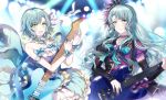  :d aqua_bow aqua_choker aqua_hair aqua_ribbon arm_warmers armband bang_dream! black_choker black_feathers bow brooch choker commentary_request dress earrings electric_guitar feathers green_eyes guitar hair_bow hair_feathers hair_ribbon hikawa_hina hikawa_sayo holding holding_instrument instrument jewelry long_hair multiple_girls music neck_ribbon nennen open_mouth playing_instrument plectrum ribbon short_hair short_sleeves siblings side_braids sisters smile stage_lights twins white_ribbon wrist_bow yellow_bow 