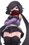  ayame_(gundam_build_divers) black_footwear black_hair black_legwear boots commentary_request crossed_arms elbow_gloves face_mask fingerless_gloves gloves gundam gundam_build_divers hip_armor japanese_clothes karukan_(monjya) kimono knee_boots long_hair looking_at_viewer mask ninja ninja_mask panties purple_eyes red_scarf scarf short_kimono sidelocks sleeveless solo split_ponytail thighhighs_under_boots underwear very_long_hair white_panties 