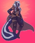  2016 anthro armor assassin clothed clothing digital_media_(artwork) eve_hawthorne fangs female fur hair inkfang looking_at_viewer mammal mephitid simple_background skunk smile solo standing striped_skunk vampire white_hair 