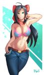  ahoge armpits bangs belt bikini_top black_hair bow breasts chain cleavage commentary commission contrapposto cowboy_shot denim english_commentary eyebrows_visible_through_hair green_eyes grin groin hair_bow hand_in_hair highres jeans knocks_(thinkingsandwich) large_breasts lips long_hair looking_at_viewer lowleg lowleg_pants midriff navel original pants red_bow red_scarf ryuji_(red-truth) scarf smile solo standing star star_print swept_bangs thumb_in_pocket toned 