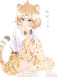 animal_ears animal_print bangs black_neckwear bow bowtie brown_eyes closed_mouth commentary eyebrows_visible_through_hair full_body fur_collar gloves hand_on_own_cheek hand_rest hand_up head_rest highres jaguar_(kemono_friends) jaguar_ears jaguar_print jaguar_tail kemono_friends knee_up light_brown_hair looking_to_the_side nenkou-san print_gloves print_legwear print_skirt shirt shoes short_hair short_sleeves sitting skirt soles solo tail thighhighs translated white_footwear white_shirt 