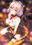  absurdres alternate_costume animal_ears bangs bare_shoulders bat between_legs blurry blurry_background blush boots breasts brown_eyes cat_ears cleavage collarbone commentary_request earrings eyebrows_visible_through_hair eyes_visible_through_hair fake_animal_ears food_themed_earrings girls_frontline glasses gloves hairband halloween hand_between_legs highres jack-o'-lantern jack-o'-lantern_earrings jewelry looking_at_viewer medium_breasts multiple_tails open_mouth orange-framed_eyewear orange_legwear paw_gloves paws pumpkin_earrings semi-rimless_eyewear short_hair silk silver_hair simple_background single_thighhigh sitting skindentation solo spider_web tail thigh_strap thighhighs thighs toki_(toki_ship8) two_tails vector_(girls_frontline) wariza yellow_eyes 