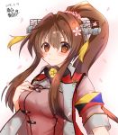  1girl alternate_costume armband bangs blush breasts brown_hair cherry_blossoms closed_mouth commentary_request dated eyebrows_visible_through_hair eyelashes eyes_visible_through_hair gorget hand_up headgear high_ponytail kantai_collection large_breasts light_brown_eyes long_hair looking_at_viewer petals sakuramon sidelocks signature smile solo upper_body yamato_(kantai_collection) z_flag 