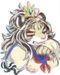  1girl animal_ears blue_sailor_collar brown_fur brown_hair cropped_torso durga_(housamo) forked_eyebrows furry furry_female fuyodo grey_hair grin hair_ornament head_chain highres jacket jewelry long_hair long_sleeves multicolored_hair neckerchief red_eyes red_neckerchief sailor_collar school_uniform serafuku sharp_teeth simple_background smile solo teeth thick_eyebrows tiger_ears tiger_girl tokyo_afterschool_summoners twitter_username two-tone_fur two-tone_hair upper_body white_background white_fur yellow_jacket 
