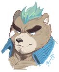  1boy animal_ears aqua_hair ashigara_(housamo) bandaid bandaid_on_cheek bandaid_on_face bara bear_boy bear_ears blue_jacket brown_fur chest_hair closed_mouth collared_jacket cropped_head cropped_torso facial_hair furry furry_male fuyodo goatee_stubble highres huge_eyebrows jacket male_focus mohawk muscular muscular_male portrait short_hair simple_background snot solo stubble tearing_up tokyo_afterschool_summoners twitter_username white_background 