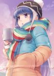  :o bangs beanie black_hat blue_hair blush breath cloud coat commentary cup enpera fringe_trim from_below glint gradient_sky hand_in_pocket hat holding holding_cup lens_flare long_hair long_sleeves miri_(ago550421) mug multicolored multicolored_clothes multicolored_coat multicolored_scarf multicolored_stripes open_mouth outdoors pink_sky pom_pom_(clothes) purple_eyes purple_sky scarf shima_rin signature sky solo steam straight_hair striped striped_scarf sunlight upper_body very_long_hair winter_clothes winter_coat yurucamp zipper 