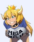  bent_over blonde_hair blue_eyes bowsette breast_grab breasts casual clothes_writing cowboy_shot crown derivative_work fangs grabbing horns large_breasts mario_(series) mega_milk meme meme_attire new_super_mario_bros._u_deluxe ponytail sharp_teeth shirt short_sleeves shorts smile solo source_request super_crown t-shirt teeth 