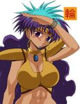  abs aqua_hair bishoujo_senshi_sailor_moon bracelet breasts cleavage curly_hair dark_skin facial_tattoo gem gorigori222 headband jewelry long_hair midriff multicolored_hair open_mouth purple_eyes purple_hair solo star tattoo two-tone_hair udering white_background 