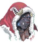  1boy bara beard blue_hair broken_horn chain closed_mouth demon_horns dog_tags facial_hair fur-trimmed_jacket fur_trim furry furry_male fuyodo grey_fur hood hood_up hooded_jacket horns jacket krampus_(housamo) looking_at_viewer male_focus portrait red_jacket scar scar_across_eye scar_on_face simple_background solo thick_eyebrows tokyo_afterschool_summoners tusks twitter_username white_background zipper zipper_pull_tab 