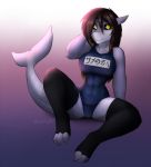  2018 anthro big_breasts black_sclera breasts clothed clothing digital_media_(artwork) eyelashes female fish haj_elsker marine non-mammal_breasts one-piece_swimsuit shark simple_background sitting smile solo swimsuit thin_waist xaenyth yellow_eyes 