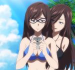  2girls akanesasu_shoujo blue_eyes breasts brown_hair cleavage glasses large_breasts long_hair multiple_girls screencap smile stitched swimsuit tagme third-party_edit tounaka_yuu 