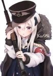  absurdres armband bangs black_ribbon blue_jacket blush bolt_action brown_hat brown_jacket character_name collared_shirt commentary eyebrows_visible_through_hair fur-trimmed_jacket fur_trim girls_frontline gun hair_between_eyes hair_ribbon hand_up hat highres holding holding_gun holding_weapon iron_cross jacket jacket_on_shoulders kar98k_(girls_frontline) ky_(ky990533) long_hair long_sleeves looking_at_viewer mauser_98 military_hat object_namesake parted_lips peaked_cap red_eyes ribbon shirt simple_background solo weapon white_background white_hair white_shirt 