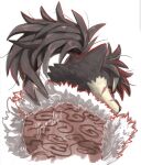  1boy animal_ears bara brown_fur brown_hair brown_jacket cloud_print colored_sclera cropped_torso dog_boy dog_ears from_behind fur-trimmed_jacket fur_trim furry furry_male fuyodo high_ponytail highres huge_eyebrows jacket long_hair looking_at_viewer looking_back loose_hair_strand male_focus red_sclera scar scar_on_cheek scar_on_face scar_on_nose shino_(housamo) simple_background solo spiked_hair tokyo_afterschool_summoners twitter_username two-tone_fur white_background yellow_fur 