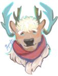  1boy animal_ears antlers blonde_hair blue_eyes closed_mouth cropped_head deer_ears forked_eyebrows furry furry_male fuyodo highres horns male_focus neck_fur portrait red_scarf reindeer_antlers reindeer_boy scarf short_hair simple_background smile solo thick_eyebrows tokyo_afterschool_summoners twitter_username white_background yule_(housamo) 