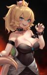  armlet bare_shoulders blonde_hair blue_eyes bowsette breasts cleavage collar crown dress horns iouley large_breasts looking_at_viewer mario_(series) monster_girl new_super_mario_bros._u_deluxe open_mouth pointy_ears ponytail sharp_teeth showgirl_skirt sleeveless sleeveless_dress smile solo spiked_shell spiked_tail strapless strapless_dress super_crown tail teeth 