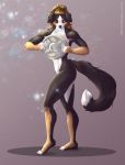  2019 5_fingers anthro black_fur black_nose breasts brown_eyes brown_hair canine digital_media_(artwork) dog female fur hair mammal masculine_female nude p-v-s simple_background solo standing white_fur 