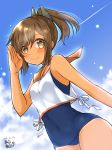  1girl :&gt; arm_at_side bangs bare_arms bare_shoulders blue_sky blue_swimsuit blush breasts brown_hair closed_mouth cloud cloudy_sky commentary_request covered_navel cowboy_shot crop_top dated day dutch_angle hair_ornament hand_up highres i-401_(kantai_collection) kantai_collection light_brown_eyes looking_at_viewer old_school_swimsuit one-piece_swimsuit orange_sailor_collar outdoors ponytail sailor_collar sailor_collar_lift salute school_swimsuit shirt short_hair short_ponytail side-tie_shirt signature sky sleeveless sleeveless_shirt small_breasts smile solo swimsuit swimsuit_under_clothes tan tanline white_shirt 
