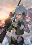  aqua_eyes belt black_shorts blue_hair breasts building closed_mouth cloud cloudy_sky fingerless_gloves gloves gun hair_between_eyes hair_ornament hairclip highres holding holding_bullet holding_gun holding_weapon medium_breasts nkmr8 rifle scarf short_hair short_hair_with_long_locks short_shorts shorts sinon sky sniper_rifle solo standing sword_art_online weapon 