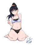  animal_print bikini black_bikini black_hair blue_eyes breasts hair_ornament hair_scrunchie highres hori_shin layered_bikini long_hair looking_at_viewer medium_breasts navel pleated_skirt ponytail scrunchie side-tie_bikini simple_background sitting skirt solo ssss.gridman swimsuit takarada_rikka thick_thighs thighs tiger_print v wariza white_background 