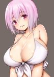  bikini_top breasts brown_background collarbone eyebrows_visible_through_hair huge_breasts looking_at_viewer pink_hair red_eyes shinjou_akane short_hair simple_background smile solo ssss.gridman swimsuit toshishikisai upper_body white_bikini_top 