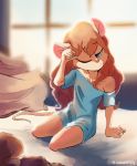  anthro bed blonde_hair blue_eyes chip_&#039;n_dale_rescue_rangers clothing disney female flat_chested frown gadget_hackwrench hair long_hair mammal morning mouse nightgown on_bed one_eye_closed rodent solo sorophora tired 