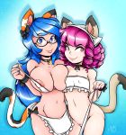  5_fingers animal_humanoid apron areola big_breasts biped black_ears black_eyebrows black_tail blue_hair blue_nails bottomless bow bra breast_size_difference breasts brown_ears brown_tail calico_cat cat cat_humanoid clothed clothing collar colored_nails convenient_censorship dipstick_tail drill_hair duckdraw duo eyebrows eyelashes eyewear feline female flat_chested glasses hair hair_bow hair_ribbon hi_res humanoid lips long_hair looking_at_viewer mammal multicolored_ears multicolored_tail navel nipple_bulge orange_ears orange_tail pale_skin pink_areola pink_lips pubes purple_eyes purple_hair purple_nails ribbons smile two_tone_ears two_tone_tail underwear undressing white_ears white_tail wristband 