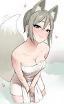  animal_ear_fluff animal_ears bare_arms bare_shoulders between_legs black_eyes blush breasts cinderella_girls_gekijou cleavage cowboy_shot eyebrows_visible_through_hair fox_ears fox_tail grey_hair hair_between_eyes half-closed_eyes hand_between_legs head_tilt heart holding holding_towel idolmaster idolmaster_cinderella_girls idolmaster_cinderella_girls_starlight_stage kemonomimi_mode leaning_forward light_smile lips looking_at_viewer medium_breasts omaru_gyuunyuu onsen shiomi_shuuko short_hair solo standing steam tail towel wading water wet 