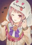  ;p adjusting_hood bang_dream! bangs bat beige_shirt blush candy capelet food frilled_capelet frills ghost_costume halloween halloween_costume heart heart_eyes heart_pendant hood hood_up hooded_capelet long_hair long_sleeves looking_at_viewer maruyama_aya neck_ribbon one_eye_closed pink_hair purple_ribbon red_eyes remil ribbon sidelocks solo striped striped_neckwear tongue tongue_out traditional_media upper_body wavy_mouth white_capelet 
